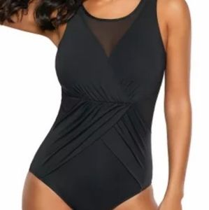 Solid Black  Mesh Ruched Front Swimsuit